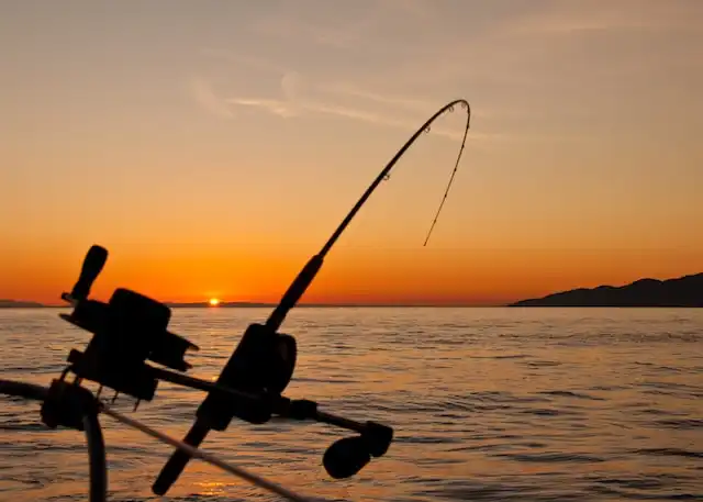 Silhouette einer Angelrute vor einem orangefarbenen Sonnenuntergang über dem Meer